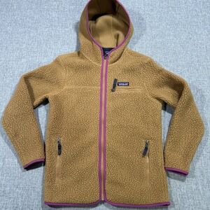 Patagonia Womens XS Retro Pile Deep Fleece Brown Pink Hooded Zip Sweater Jacket